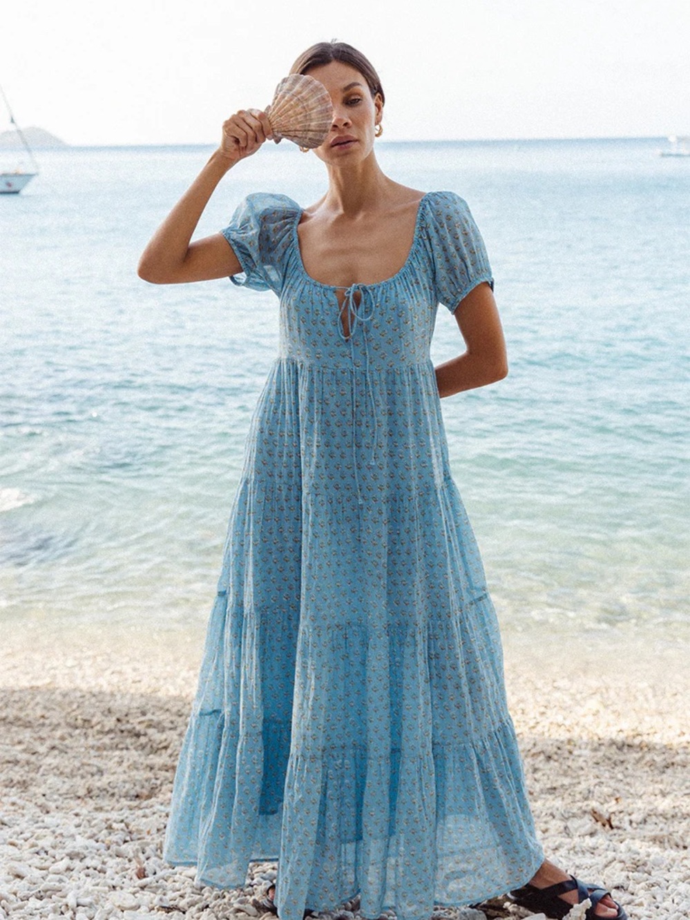 Daughters of India Sita Bluebell Light Blue Floral Tiered Maxi Dress
